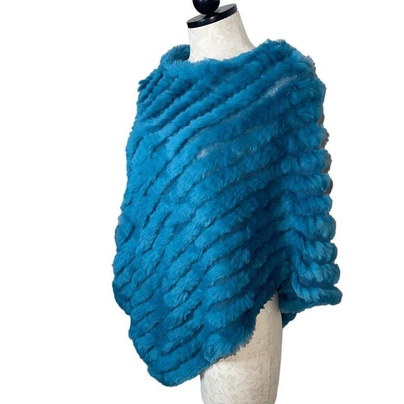 Black Rivet Womens Poncho One Size Blue Wool Rabbit Fur Knit Pullover - Picture 2 of 11
